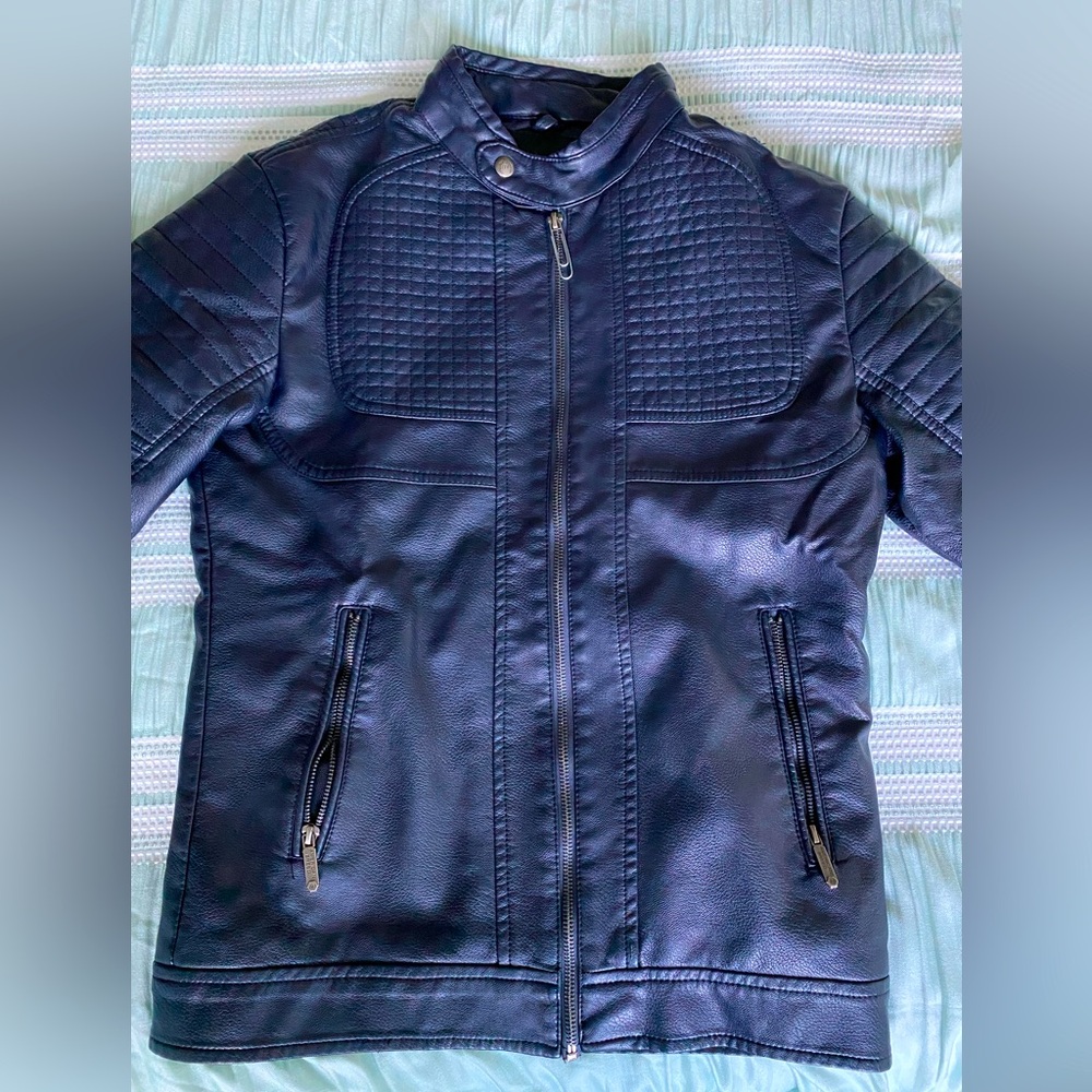 Navy blue biker leather jacket